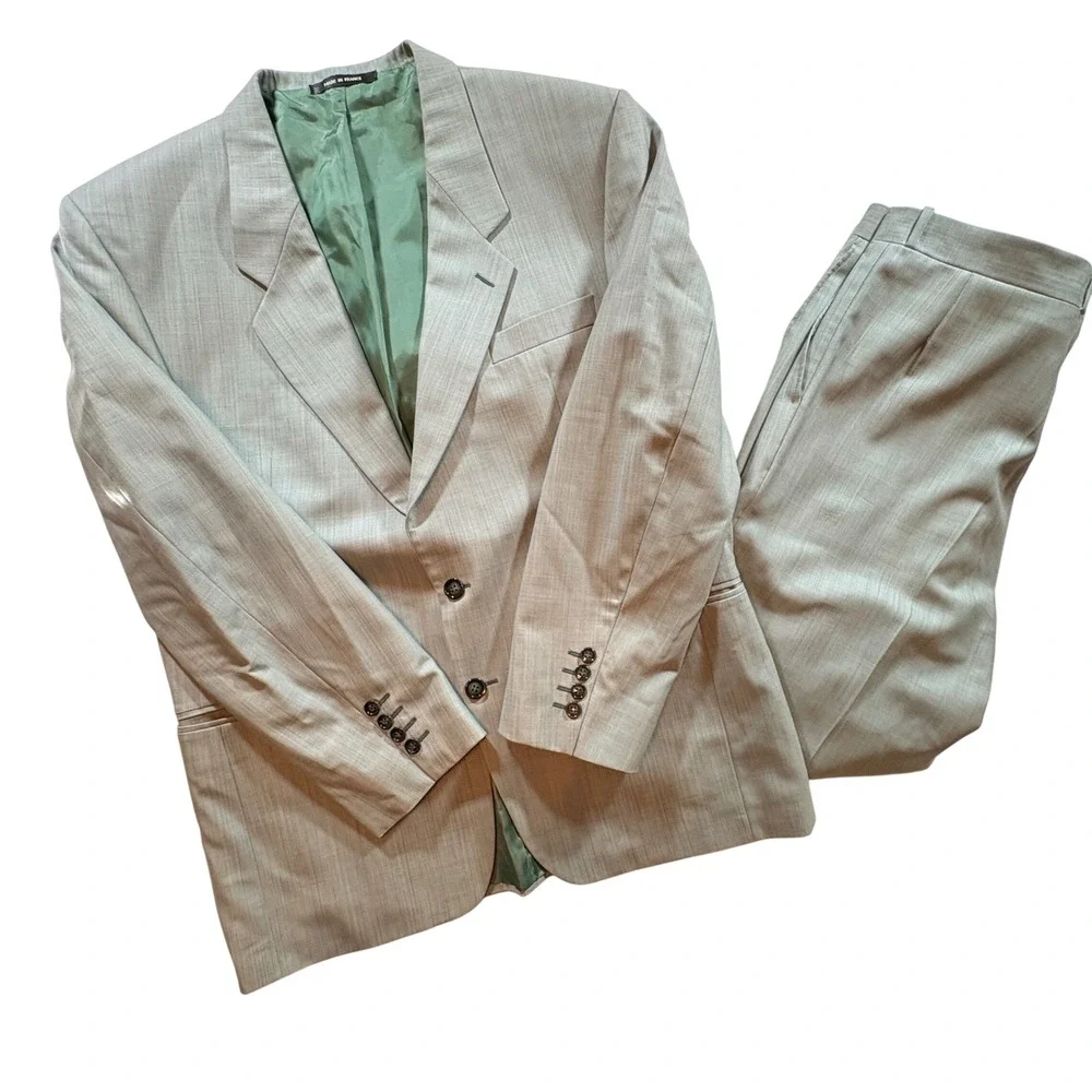 Molinier Mens Suit 44 Sage Green High Twist Wool Pleated Made in France 2 Piece